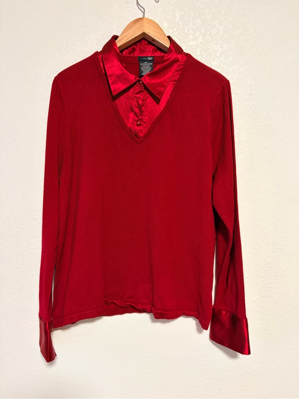 East 5th Red Satin-Trim V-Neck Layered Top
